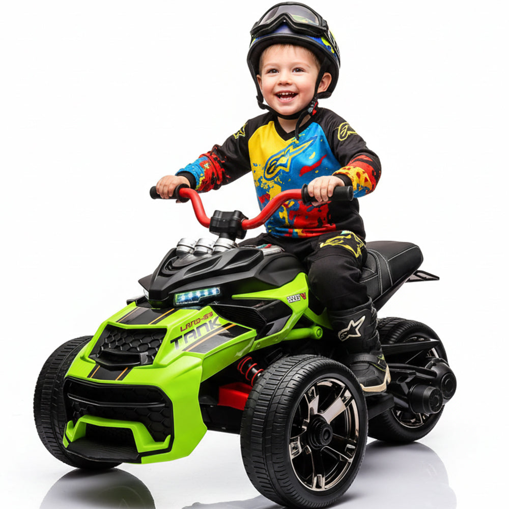Garvee 12V Kids Ride on Toy for Kids, 2x55W Powerful Engine 7AH Battery, 3 - 7 km/H, 3 Wheelers Electric Vehicle, LED Lights, 2 Speeds, EVA Tire, Music, USB - Green