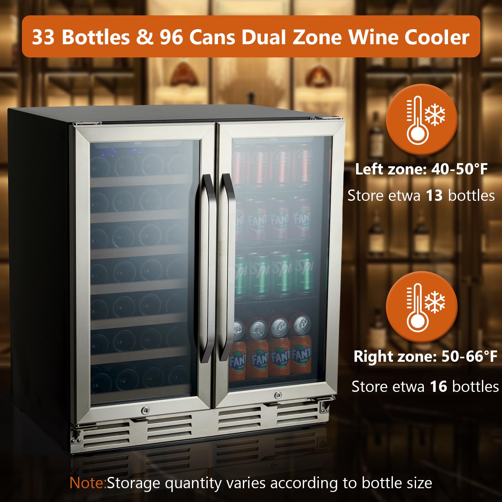 30” Dual Zone Wine Cooler, 33 Bottles & 96 Cans, Stainless Steel