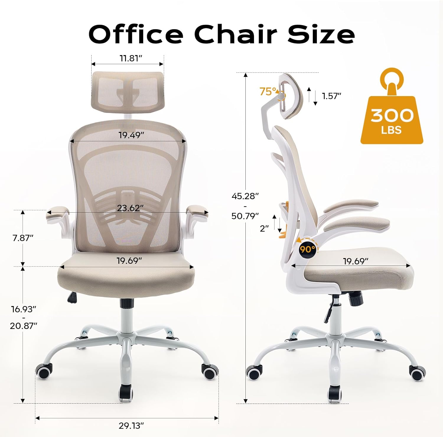 Garvee Ergonomic Office Chair, 300 LBS Capacity, High Back Mesh Desk Chair with Wheels, Flip-Up Armrests, Comfortable Lumbar Support Gaming Chairs for Home Office, Bedroom, Study, Beige