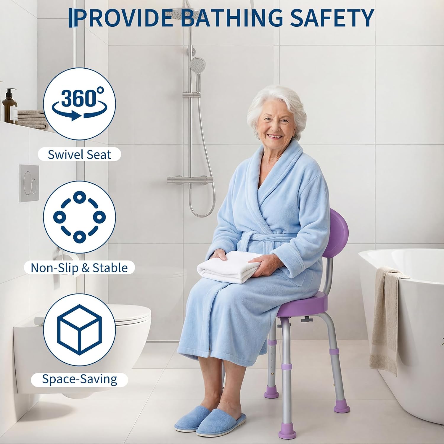 Garvee 360° Swivel Shower Chair with Backrest, Non-Slip Bathtub Chair, Height Adjustable Bath Seat for Elderly, Seniors and Disabled, Compact Shower Bench for Inside Tub or Shower, Purple