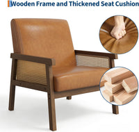 Garvee Mid Century Modern Accent Chair, PU Leather Living Room Chair with Sturdy Wood Legs, Thickened Seat Cushion and PE Rattan Woven Decoration, Armchair for Bedroom, Reading Room, Orange