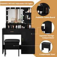 Black vanity table with large mirror, storage compartments, and a matching stool, detailed with measurements and features.