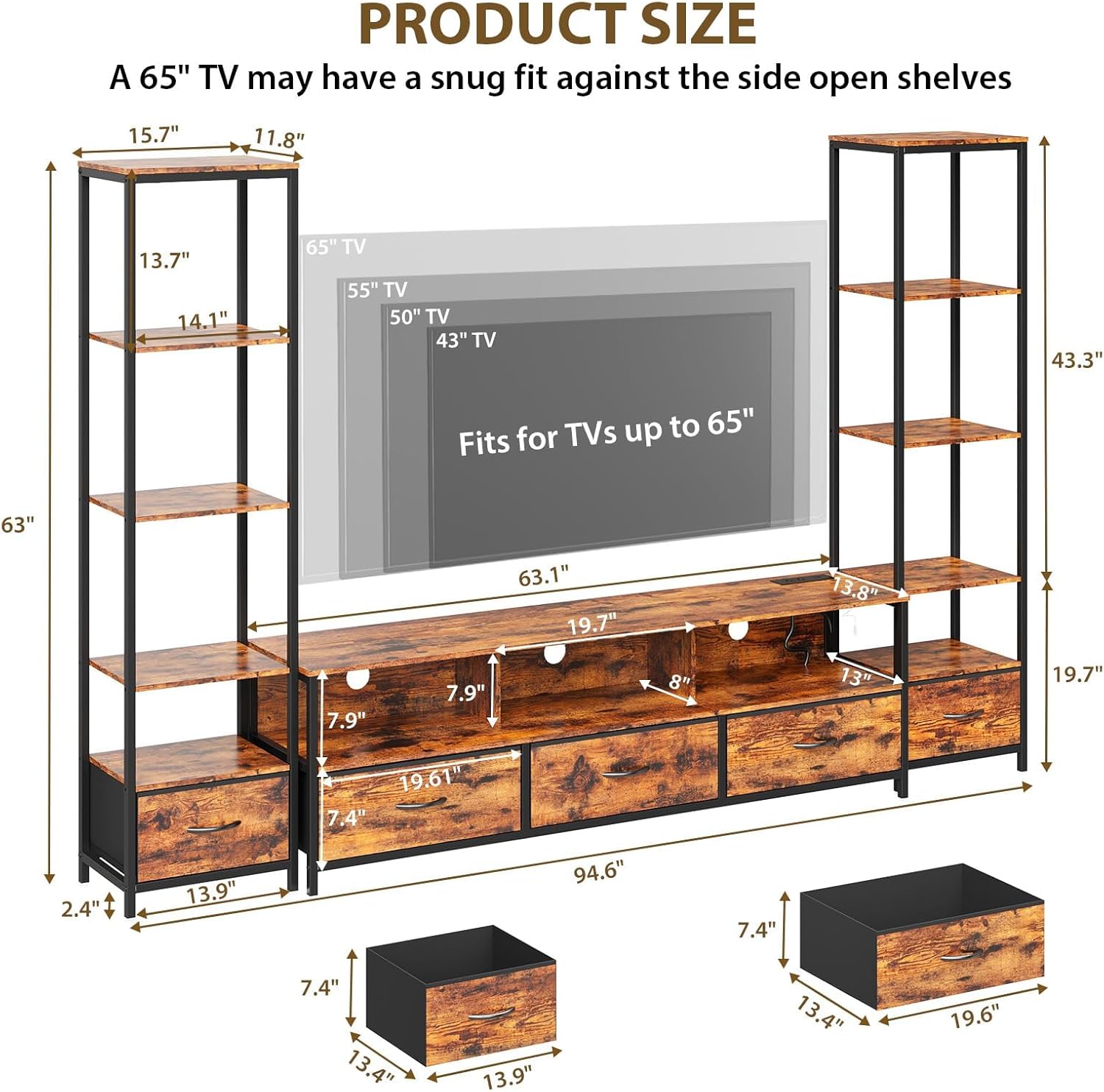 Garvee TV Stand with Storage for TVs Up to 70", TV Entertainment Center with 2 Open 5-Tier Bookshelf, Modern LED TV Console Cabinet with 5 Fabric Drawers & Power Outlets, for Living Room Bedroom