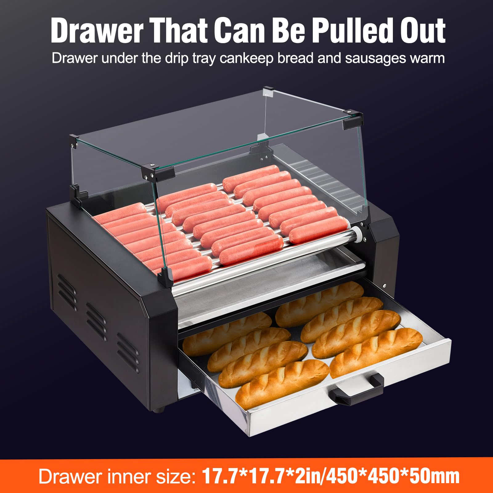 1650W Hot Dog Roller 9 Rollers, 24 Capacity with Dual Temp