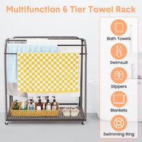Poolside Towel Rack Outdoor,Rattan Weaving Towel Rack Freestanding,Storage Organizer with Compartment for Floats, Pool Noodles, Swimming Rings,5 Bar Towel Storage for Outdoor/Indoor