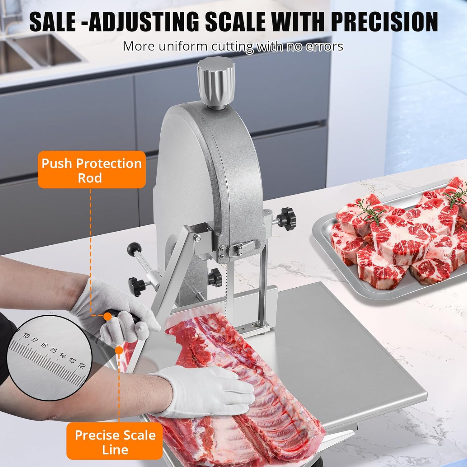 Garvee Meat Cutter Machine, 110V 1500W Electric Bone Saw, 19.3" x 15" Workbeach, 0.16-7.9 Inch Cutting Thickness, Sawing Speed 19m/s, 2.01HP Butcher Bandsaw With 5 Saw Blades for Fish Beef