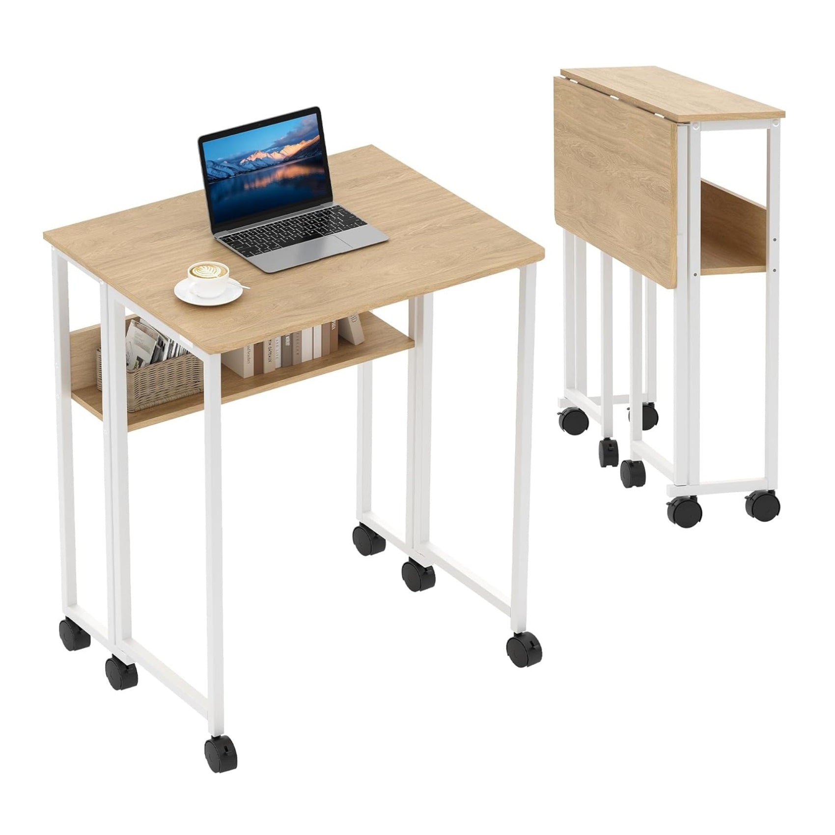 Garvee Folding Desk Small Rolling Desk with Storage Shelf, 24.8 Inch Foldable Computer Table with Wheels, Portable Office Desk for Small Space End Table,Writing Work Office Computer Desk, Oak