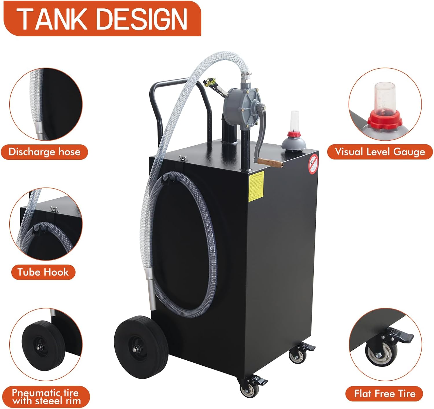 Garvee 45 Gallon Portable Gas Caddy Gasoline Diesel Can Hand Siphon Pump With Rolling Flat-Free Solid Rubber Wheels for Boat, Atv, Car, Motorcycle - Black
