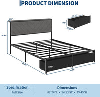 Garvee Full Size Metal Platform Bed Frame with Upholstered Storage Headboard & Shelf, 2 Rolling Underbed Drawers, Charging Station, No Box Spring Needed, Easy Assembly, Gray