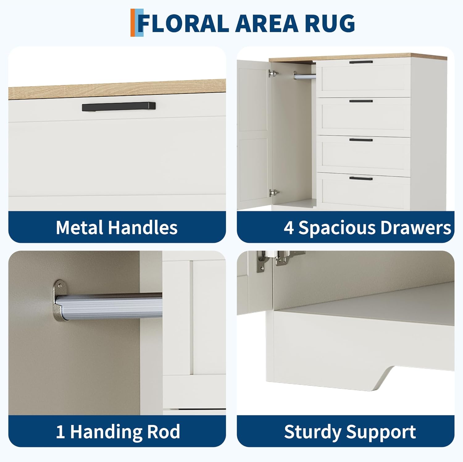 Garvee 43.3" H Armoire Wardrobe Closet with 4 Drawers and Hanging Rod, Multifunctional Wood 4 Drawers Dresser with Storage Closet, Clothing Storage Cabinets for Bedroom, White
