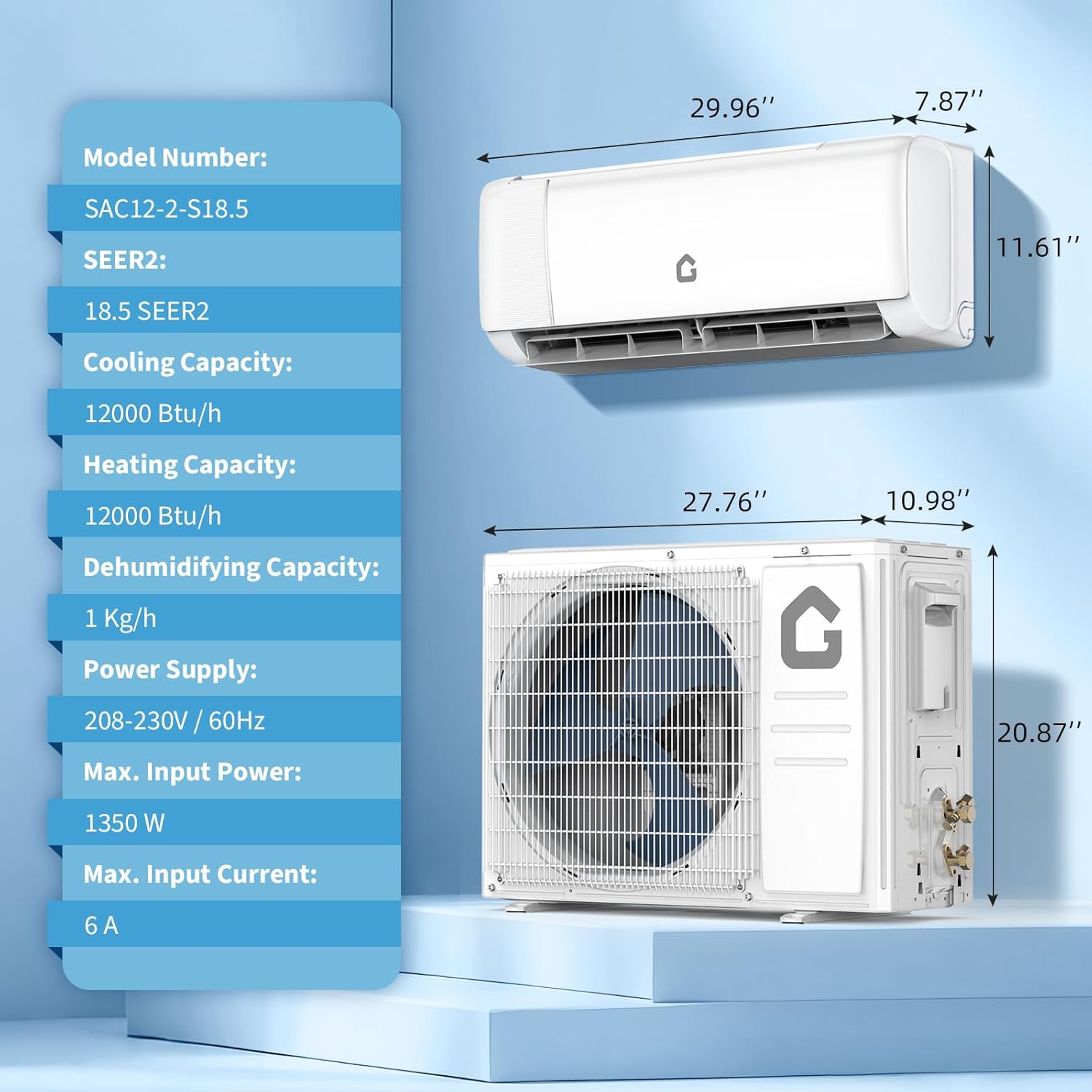 Garvee 2025 New Refrigerant 12000 BTU 18.5 SEER 2 230V~ Mini Split AC/Heating System With WiFi, , Suitable for 750+ Sq. Ft