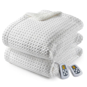 Garvee Heated Blanket King Size with LCD Dual Controller, Waffle Weave Fast Heating Electric Blankets, 10 Heat Levels & 1-12H Time Settings, ETL Certified, Machine Washable, Off White, 100" x 90"