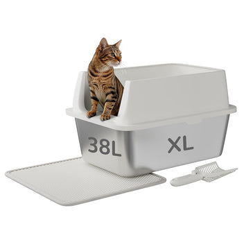 Garvee Stainless Steel Litter Box, Large Open Cat Litter Box for Big Cats, Metal Cat Box with High Sided Enclosure & Scoop Litter Mat, Odor Free, Anti-Leakage, 12"H