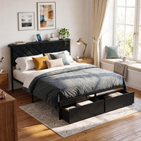 Garvee Queen Size Metal Platform Bed Frame with Upholstered Storage Headboard & Shelf, 2 Rolling Underbed Drawers, Charging Station, No Box Spring Needed, Easy Assembly, Black