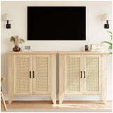 Garvee Buffet Cabinet Rattan Storage with Doors & Shelves, Wood Console for Living Room, Dining Room, Hallway, MDF & Natural Rattan, Adjustable Shelf - Wood Grain - Wood Grain
