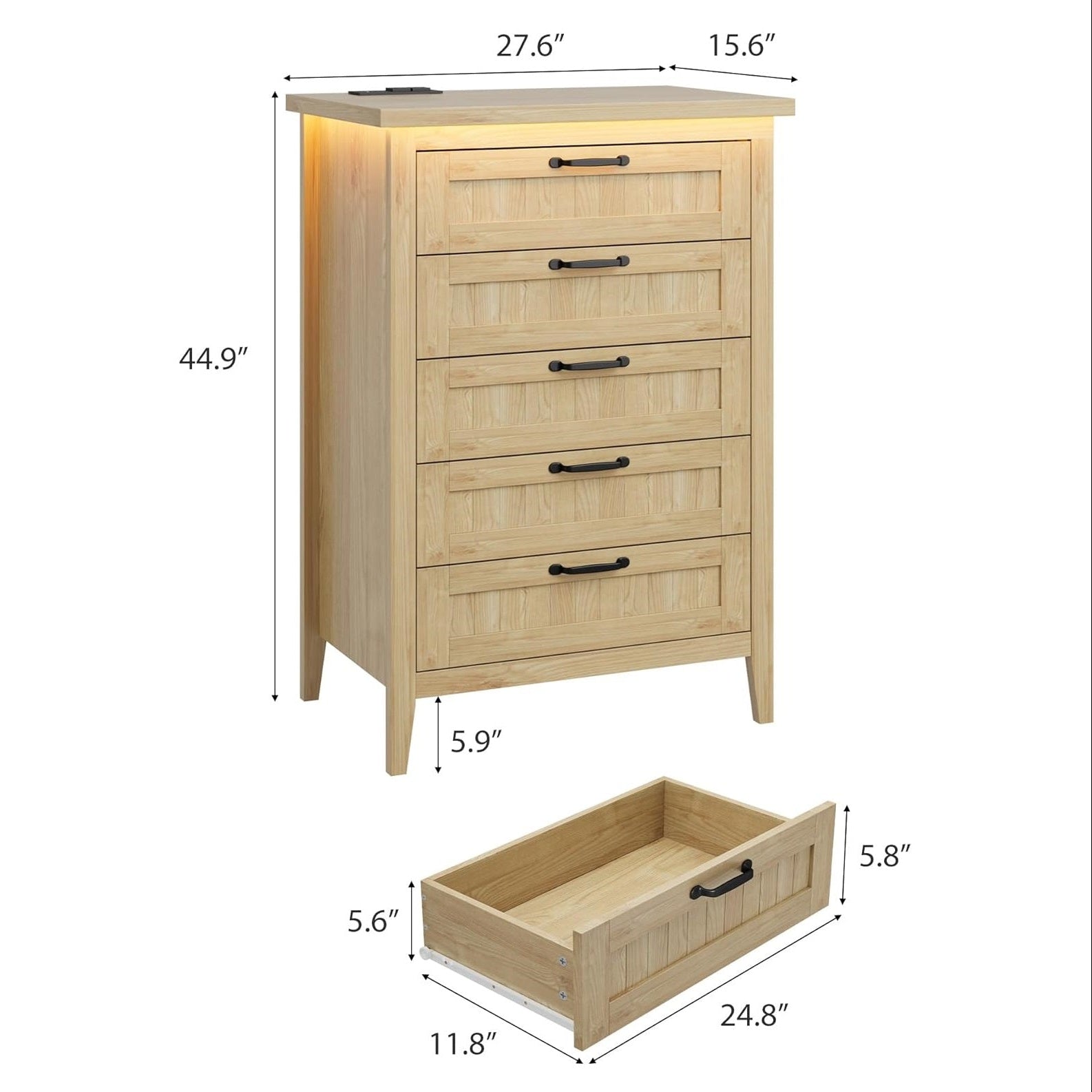 Garvee 5 Drawer Dresser for Bedroom with Charging Station and LED Lights, Farmhouse 44.9" Tall Chest of Dresser with Large Storage for Living Room, Hallway & Entryway, Natural