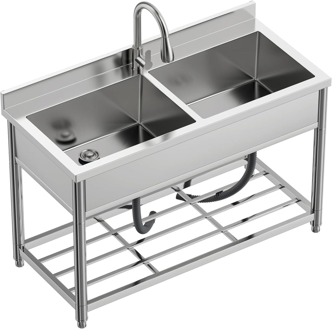 Garvee 22"D x 47"W x 37"H 2-Compartment Commercial Sink, Stainless Steel Utility Sink with Pull-out Faucet, Free Standing Double Bowl Kitchen Sink for Restaurant, Garage, Shop, Cafe, Outoor