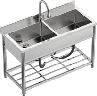 Garvee 22"D x 47"W x 37"H 2-Compartment Commercial Sink, Stainless Steel Utility Sink with Pull-out Faucet, Free Standing Double Bowl Kitchen Sink for Restaurant, Garage, Shop, Cafe, Outoor