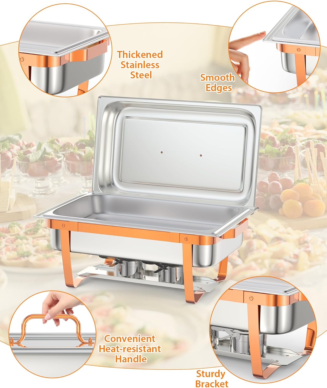 Garvee Chafing Dish Buffet Set, 8QT 4 Pack, Rectangle Chafing Dishes for Buffet w/Lid Holder, Stainless Steel Chafer Food Warmers Servers with Spoon and Tweezers for Kitchen Party Banquet Dining, Rose Gold