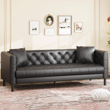 Garvee 3-Seater Sofa with Button Tufted, 78" Chesterfield Sofa with Deep Seats and 2 Pillows, Modern PU Leather Couch Sleeper Sofa for Living Room, Apartment, Office, Black