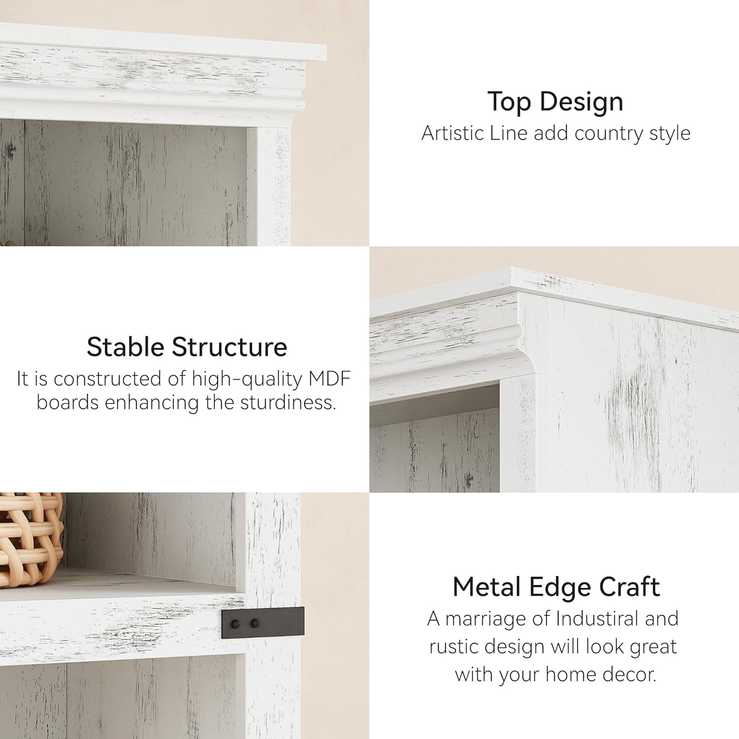 Garvee Farmhouse Bookcase 5 Tiers Tall Wooden 67.4" with Storage, Colonial Molding, MDF Boards, Iron Angle Design, Home Office, Living Room, White