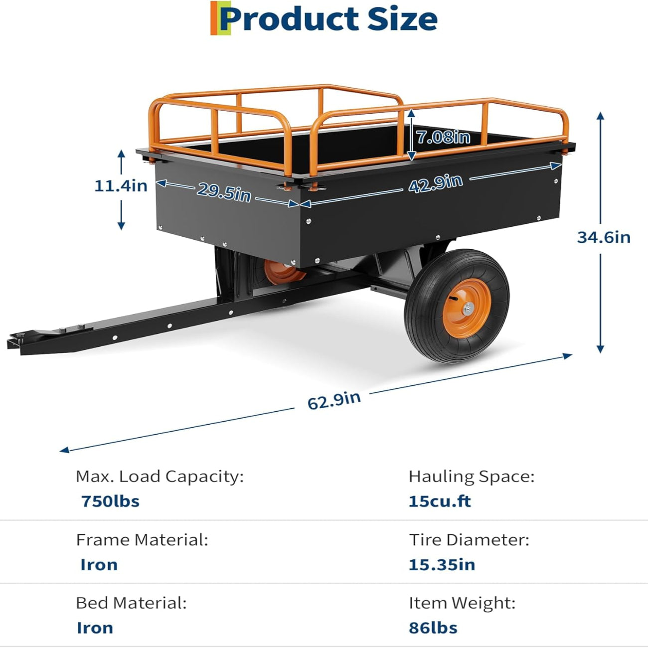 Garvee Heavy Duty ATV Trailer Steel Dump Cart 750 LBS Load 15 Cu Ft Volume Reinforced Steel Removable Sides 16" Air Tires Garden Utility