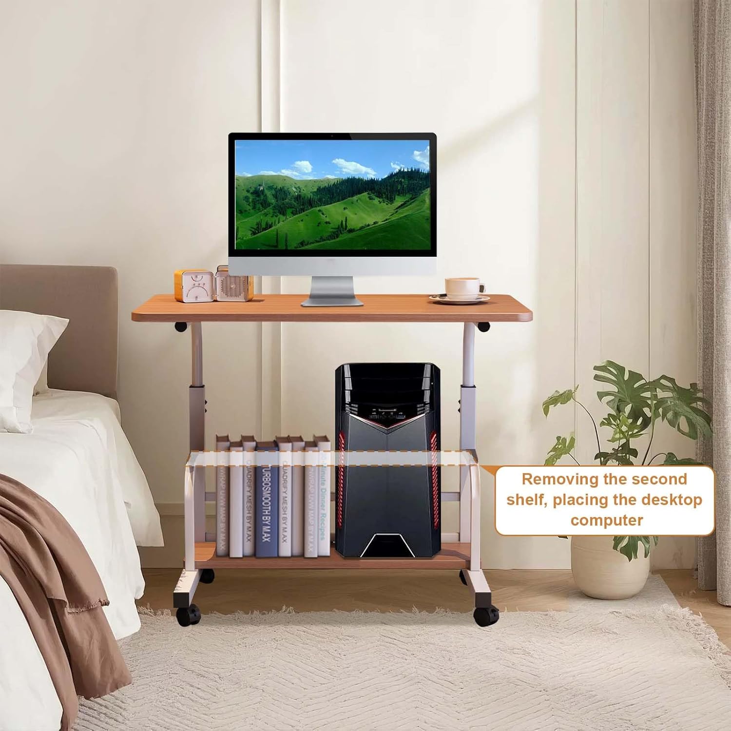 Garvee Adjustable Height Mobile Standing Desk, Portable Bedside Desk with Storage Shelves, Compact Laptop Desk for Home Office, Study, Small Spaces, Bedroom, Brown, 23.6"x15.7"