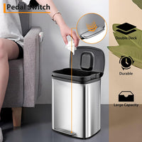 Garvee 13Gal Stainless Steel Kitchen Trash Can, 50L Pedal Heavy Duty Hands-Free Garbage Can, Commercial Brushed Step Waste Bin for Bathroom Bedroom Home Office