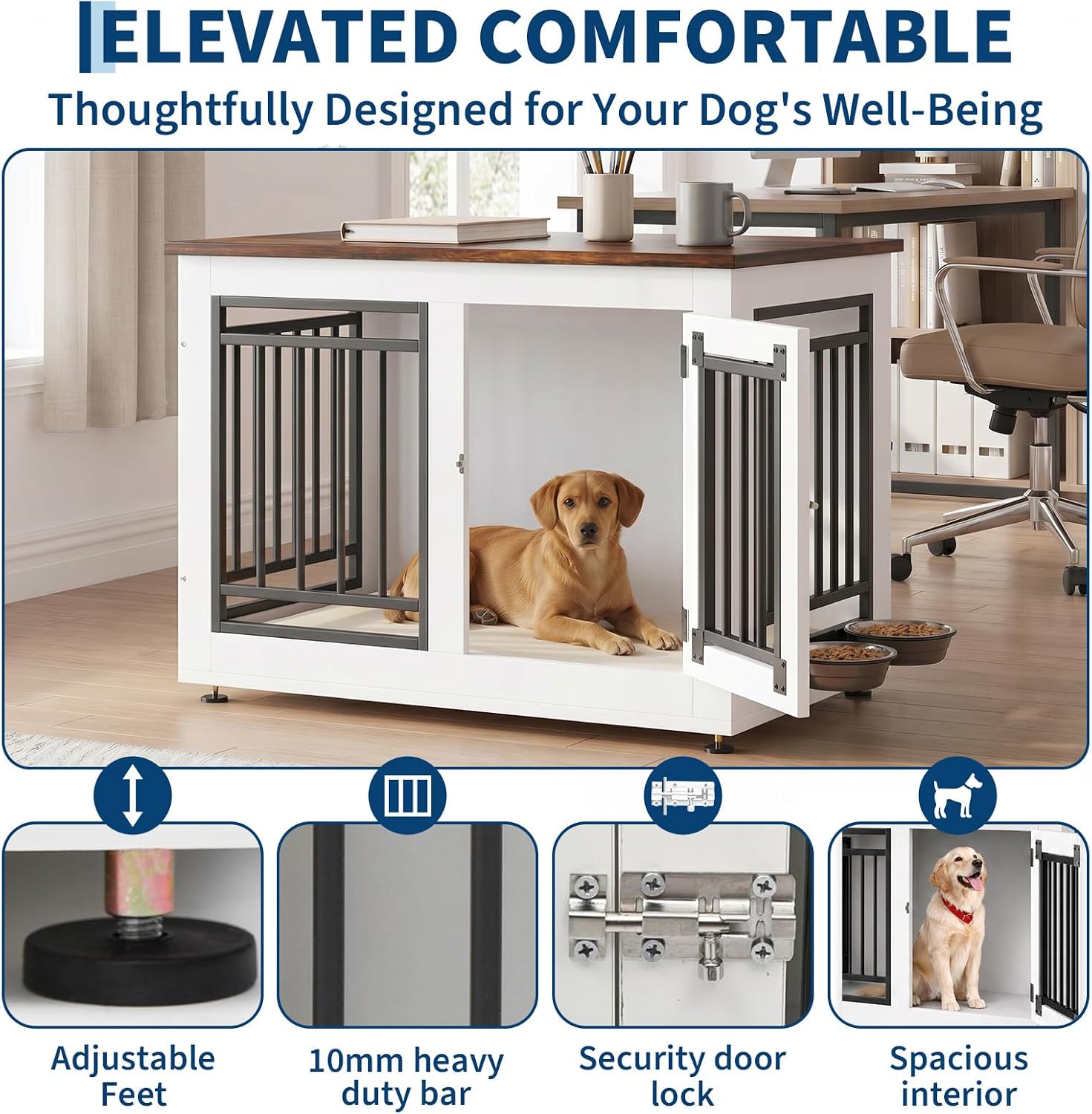 Garvee Dog Crate Furniture End Table - Wooden Indoor Dog Kennel with Metal Frame - 360° Rotating Stainless Steel Bowls - Removable Tray, 28 in / 71.3 x 47 x 52 cm - 71.3*47*52CM