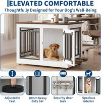 Garvee Dog Crate Furniture End Table - Wooden Indoor Dog Kennel with Metal Frame - 360° Rotating Stainless Steel Bowls - Removable Tray, 28 in / 71.3 x 47 x 52 cm - 71.3*47*52CM