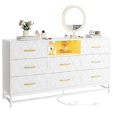 Garvee White Dresser for Bedroom with 8 Deep Drawer, 59" TV Dresser Wooden Large Long Dresser with Power Outlet and LED Lights, Modern Chest of Drawers Storage Organizer for Living Room, Hallway