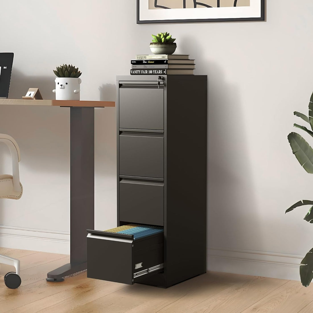 Garvee 4-Drawer File Cabinet with Lock, Heavy Duty Vertical Filing Cabinets for Home Office, Secure Locking Metal Steel Storage Cabinet for Letter/Legal Size File, Assembly Required, Black