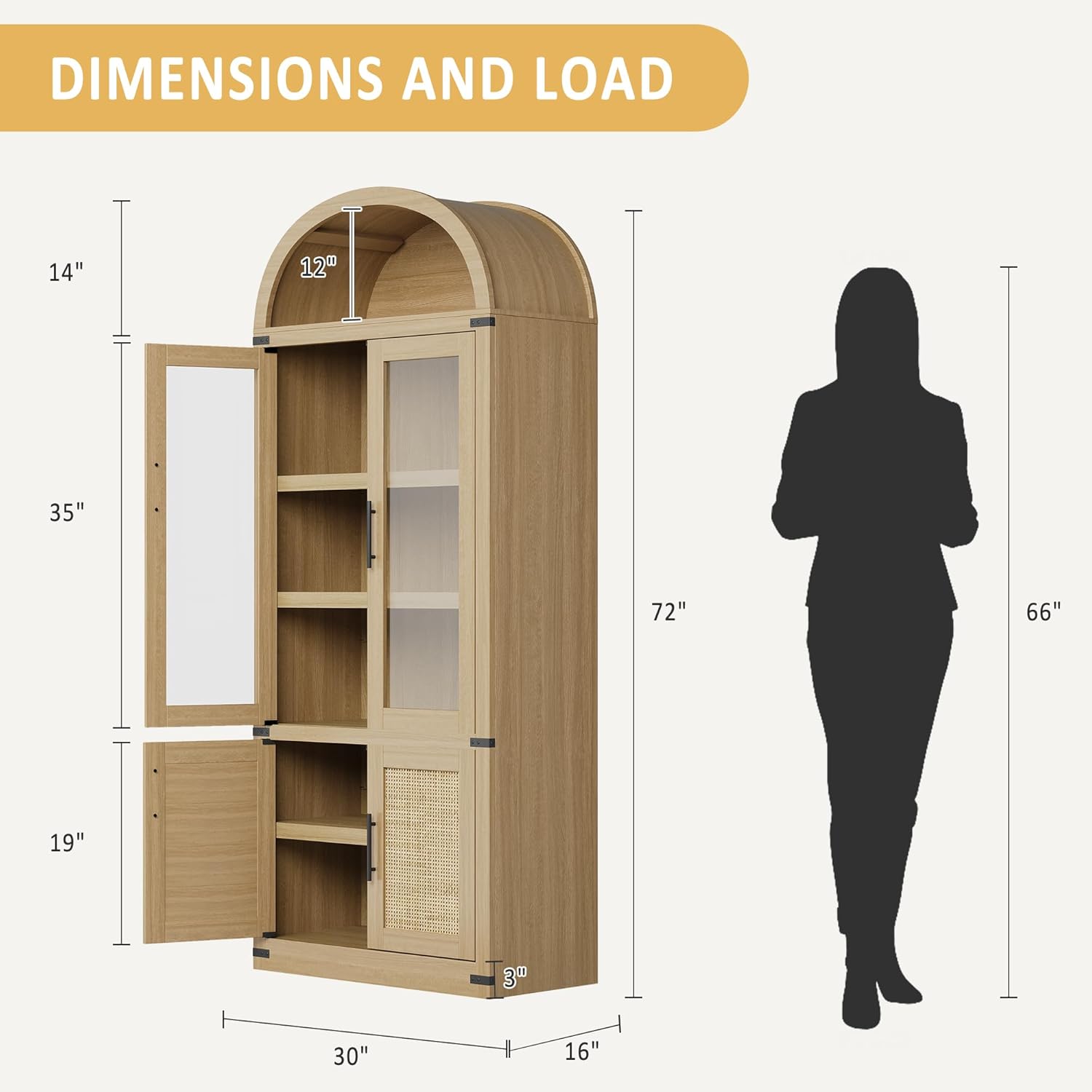 Garvee 72" Arched Bookcase Display Cabinet – 2 Glass & 2 Rattan Doors, Modern Farmhouse Freestanding Wooden Storage with Anti-Tipping Device, Natural Wood