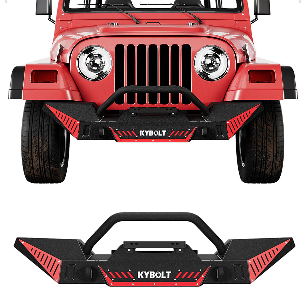 Garvee Front Bumper Compatible with 1987-2006 Jeep Wrangler TJ & YJ, Off Road Textured Bumper with Winch Plate, 2 D-Rings, Paintable Armor