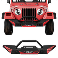 Garvee Front Bumper Compatible with 1987-2006 Jeep Wrangler TJ & YJ, Off Road Textured Bumper with Winch Plate, 2 D-Rings, Paintable Armor