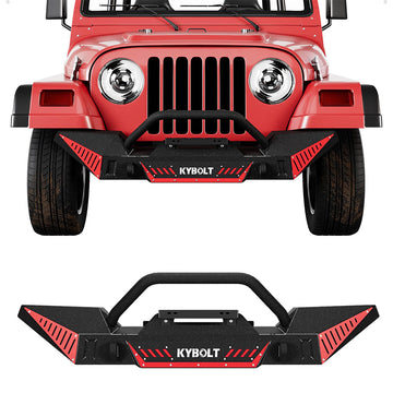 Garvee Front Bumper Compatible with 1987-2006 Jeep Wrangler TJ & YJ, Off Road Textured Bumper with Winch Plate, 2 D-Rings, Paintable Armor