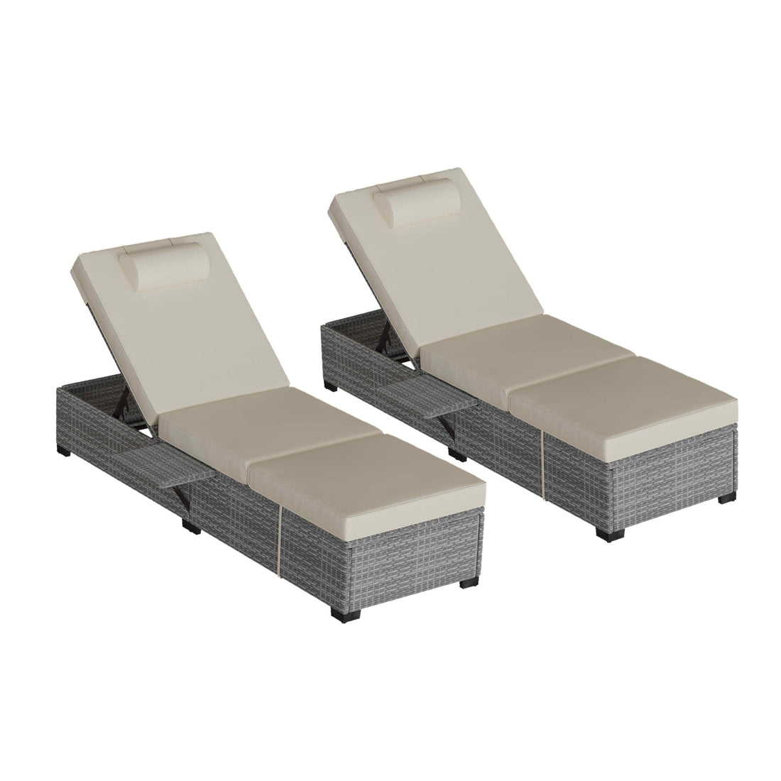 PE Wicker Patio Chaise Lounge Set, Adjustable, Storage Table