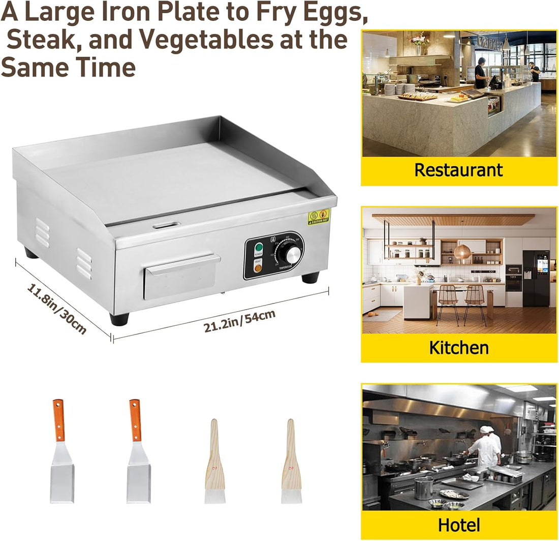 Garvee 22-Inch Commercial Electric Grill 1600W Non-Stick Stainless Steel Adjustable Temp 122°F-572°F for Home & Restaurant(WITH PLUG)