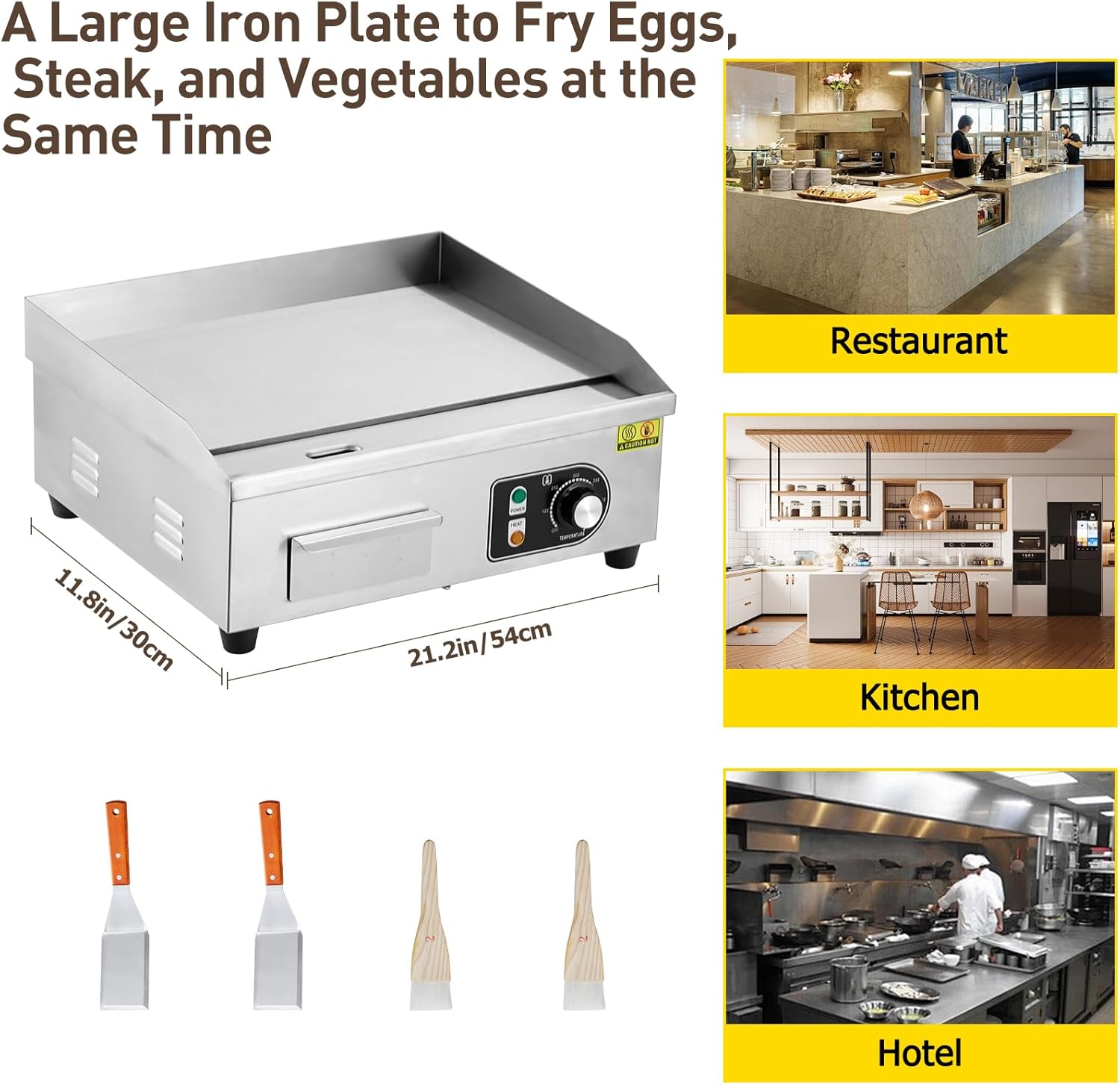 Garvee 22-Inch Commercial Electric Grill 1600W Non-Stick Stainless Steel Adjustable Temp 122°F-572°F for Home & Restaurant(WITH PLUG)