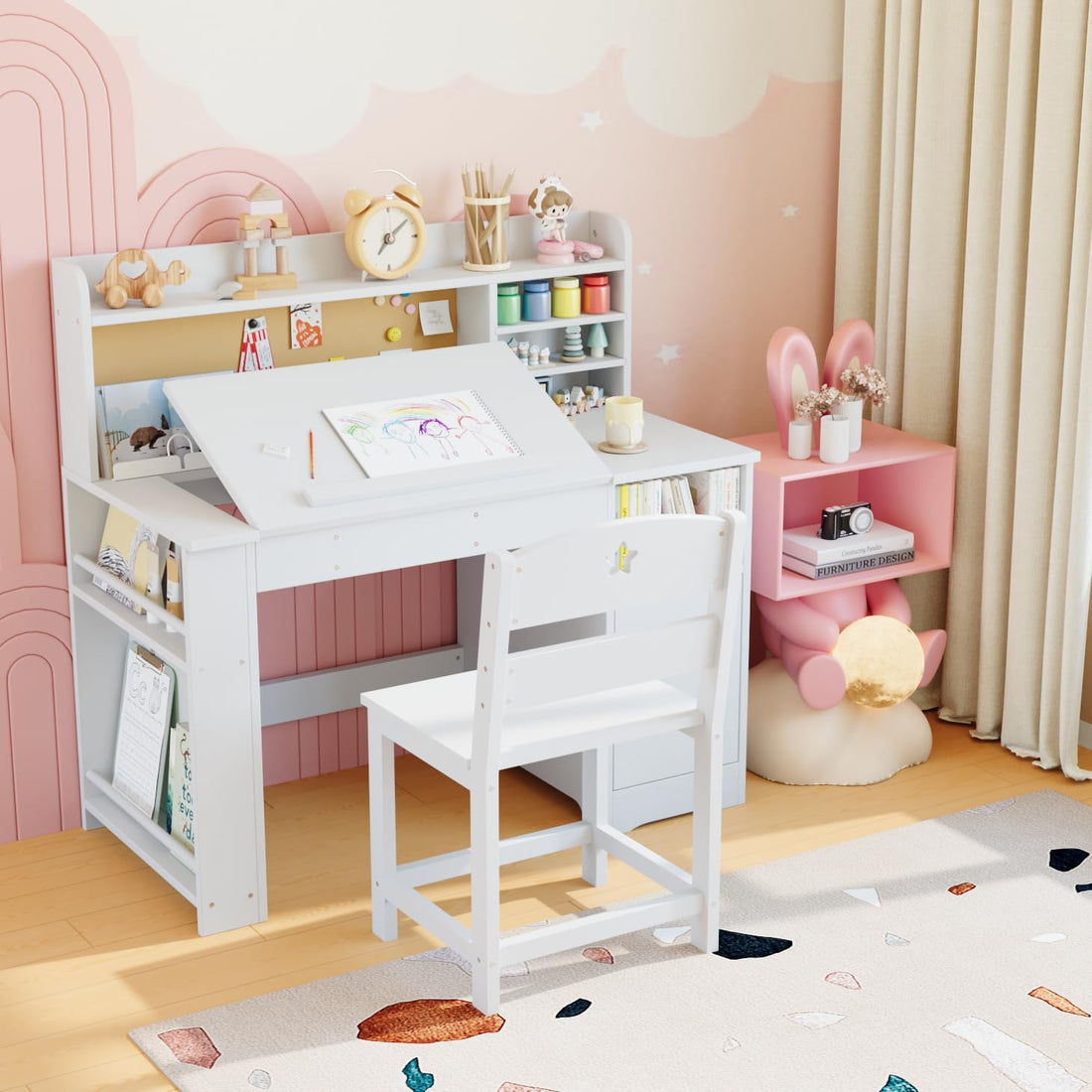 Garvee Ergonomic Kids Study Table and Chair Set with Tiltable Desktop and Storage Cabinet, White