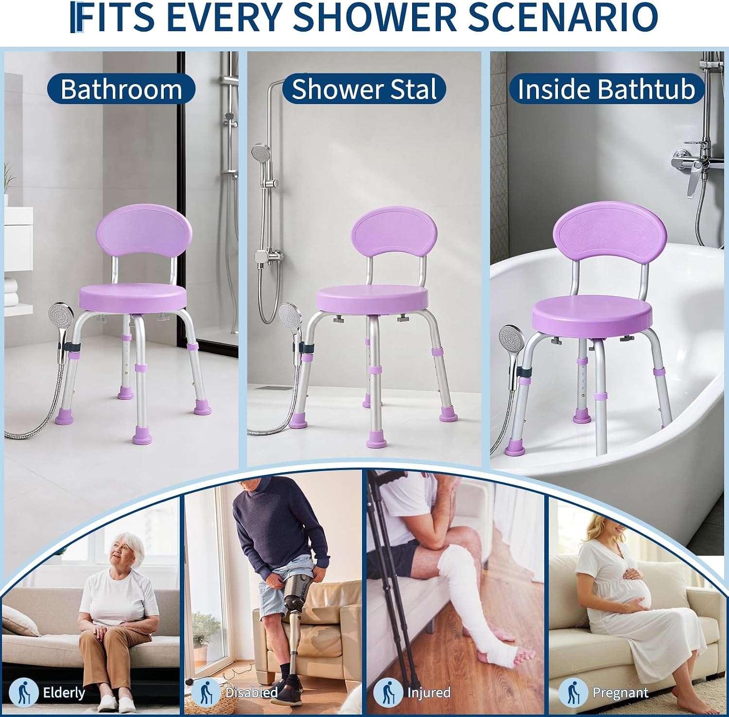 Garvee 360° Swivel Shower Chair with Backrest, Non-Slip Bathtub Chair, Height Adjustable Bath Seat for Elderly, Seniors and Disabled, Compact Shower Bench for Inside Tub or Shower, Purple