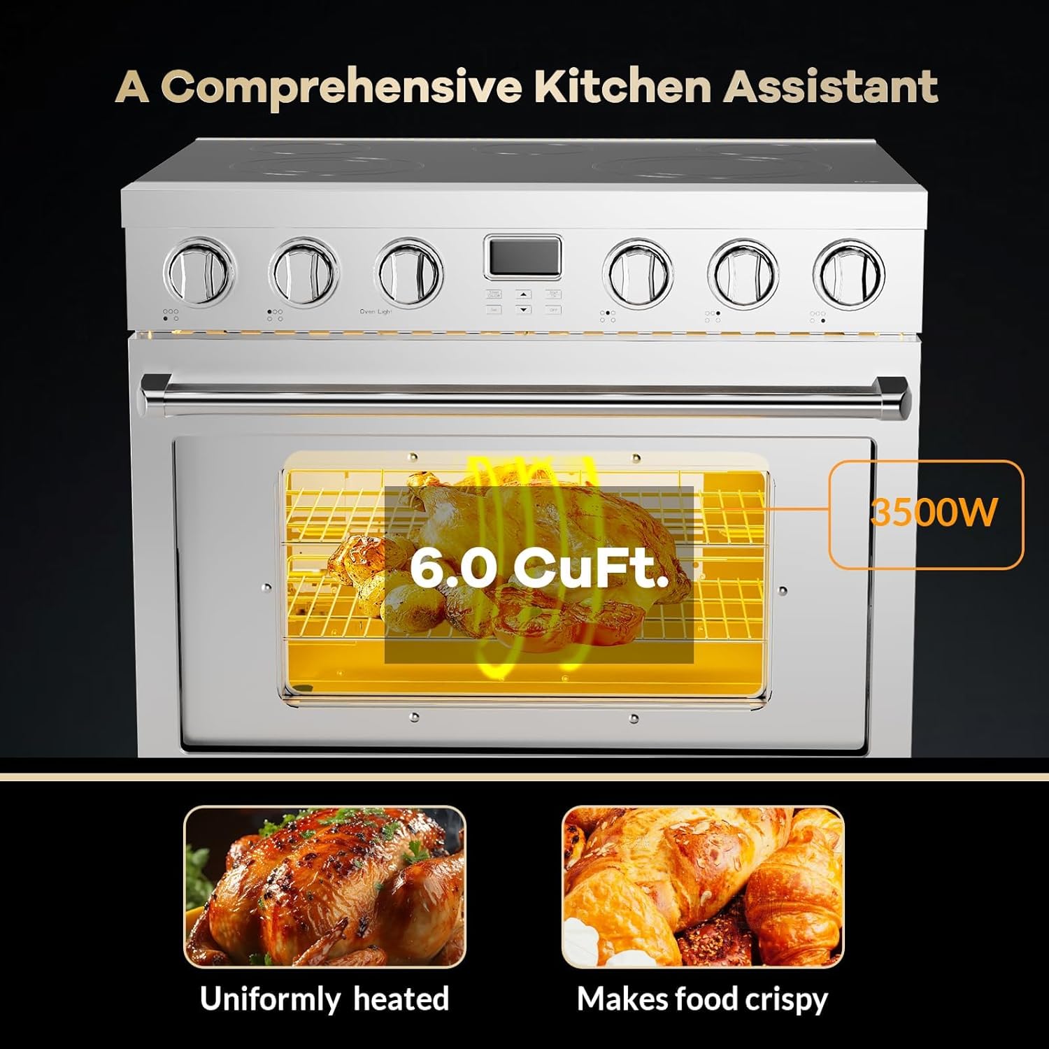 Garvee 36" Electric Range with 6 Heating Elements Cooktop, 6 Functions Convection Electric Oven, 6 Cu.Ft Capacity, Stainless Steel, Clock, Smooth Glass Top