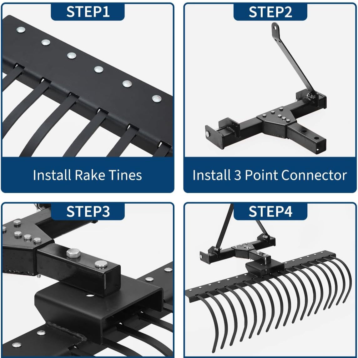 Garvee 50" Landscape Rake 3-Point Hitch CAT-0 CAT-1 Tractor 360° Rotation Replaceable Spring Steel Tines Quick Mount Carbon Steel Frame for Brush Clearing