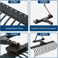 Garvee 50" Landscape Rake 3-Point Hitch CAT-0 CAT-1 Tractor 360° Rotation Replaceable Spring Steel Tines Quick Mount Carbon Steel Frame for Brush Clearing