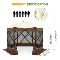 Garvee 12x12ft Camping Gazebo, Portable Pop Up Canopy Outdoor Screen Tent 6 Sided with Mesh Windows and Carry Bag for Camping, Picnic, Backyard Party Outside Activities, Brown