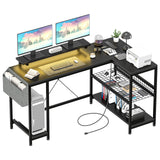Garvee L Shaped Computer Desk with Power Outlets & LED Light, Reversible Corner Desk with Storage Shelves & Monitor Stand, MDF Board, Metal Frame, Home Office, Gaming - Black