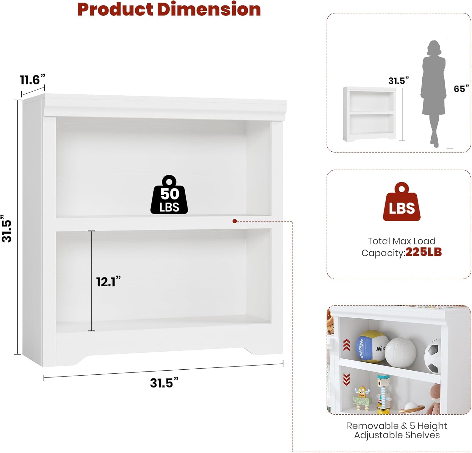 Garvee 2 Tier Bookshelf, 31.5" Tall Farmhouse Bookcase with Adjustable Shelves, 31.5" W Floor Standing Open Display Storage Rack with Anti-Slip Design for Home Office, Balcony, Library, Study / Living Room, White