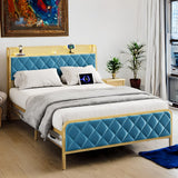 Garvee Full Size Bed Frame, Storage Headboard with Charging Station, Platform Bed with Velvet Backrest, No Box Spring Needed, Easy Assembly, Teal - Teal