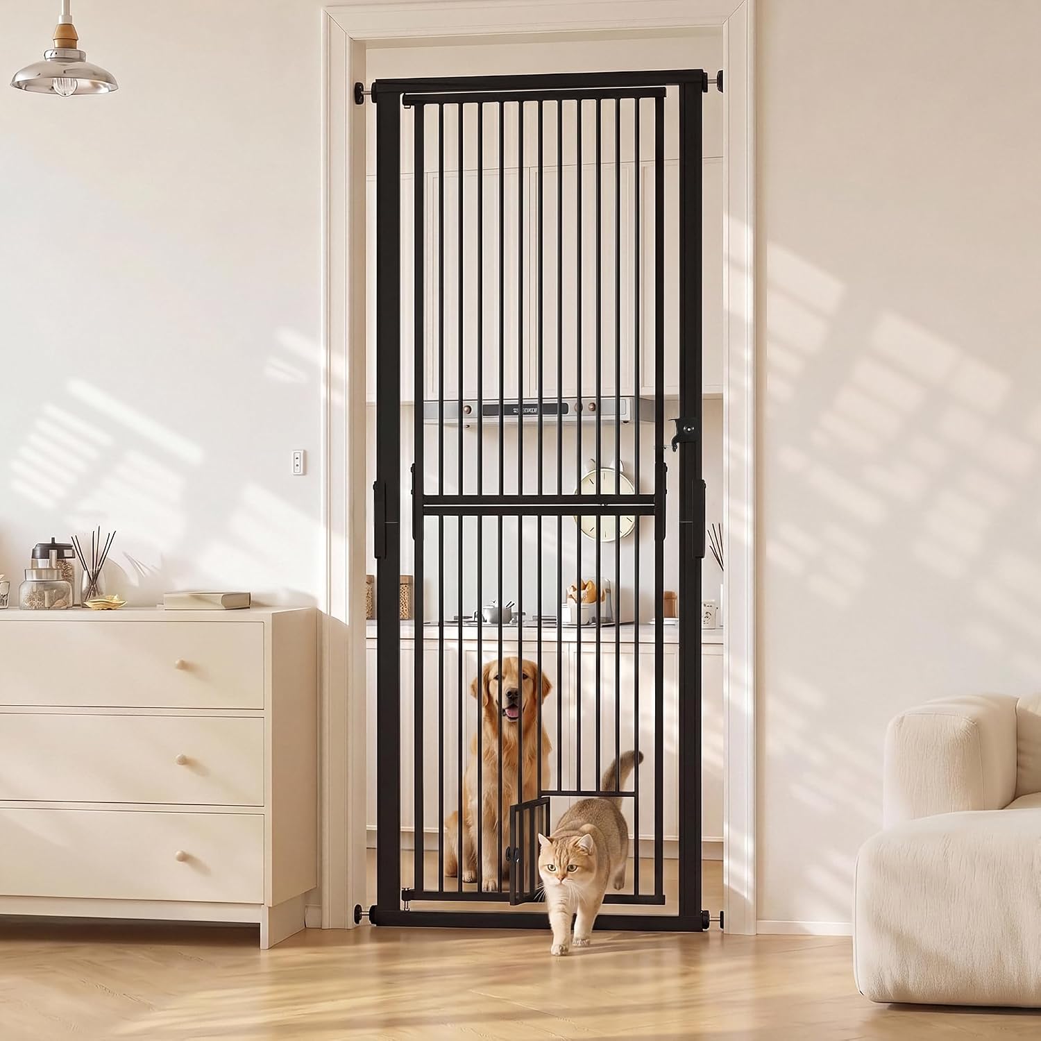 Garvee 71" Extra Tall Pet Gate for Cats, 30.3-40.9'' Width Adjustable Pet Door | Cat Gate with Door for Stairs, Doorways, Kitchen, 4 Extensions Kits,No-Drilling Pressure Mounted, Black