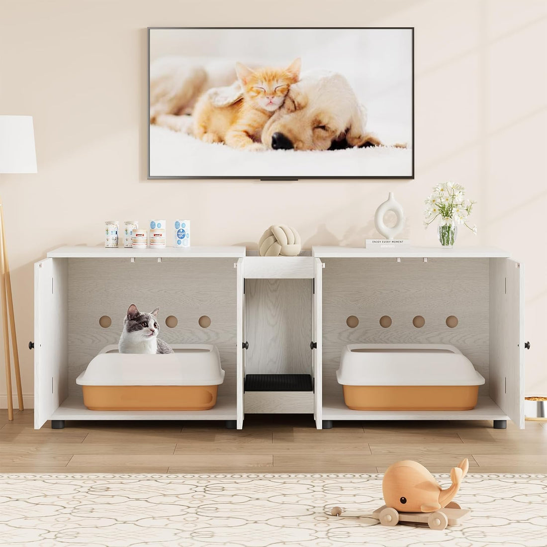 Garvee Cat Litter Box Enclosure, 55.1" Double Litter Box Furniture Large Cat Box Enclosure Kitty Litter Box for 2 Cats Hidden Cat Litter Cabinet Double Cage with Cat Litter Pad, White | Oval